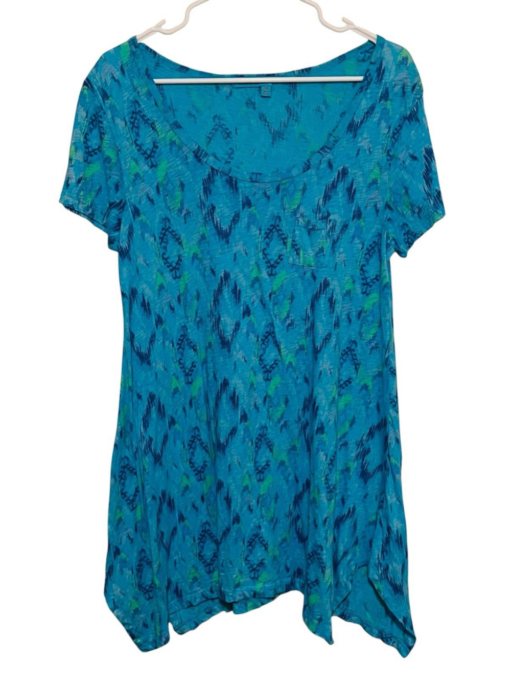 Fresh Produce Tunic Top Womens Medium Blue Watercolor Ikat Asymmetrical Made USA